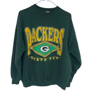 Vintage 90s Green Bay Packers Graphic Crewneck Sweatshirt Large Logo 7 Green NFL